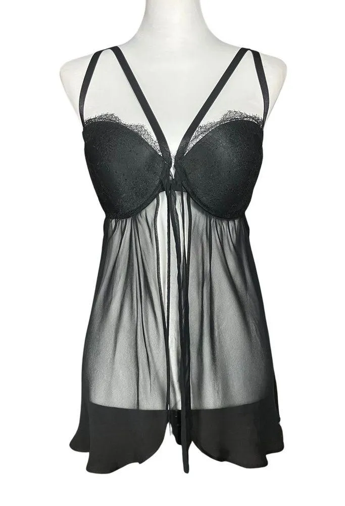 Victoria’s Secret Black Sheer Lace Babydoll Slip 36D Push Up Whimsigoth Goth Bow - Image 8