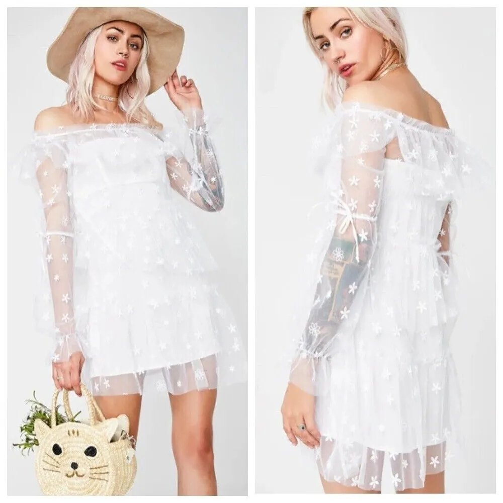 For Love & Lemons Claudia Tulle Dress Sheer Daisy Women’s Size Small Off Shoulde White - Image 2