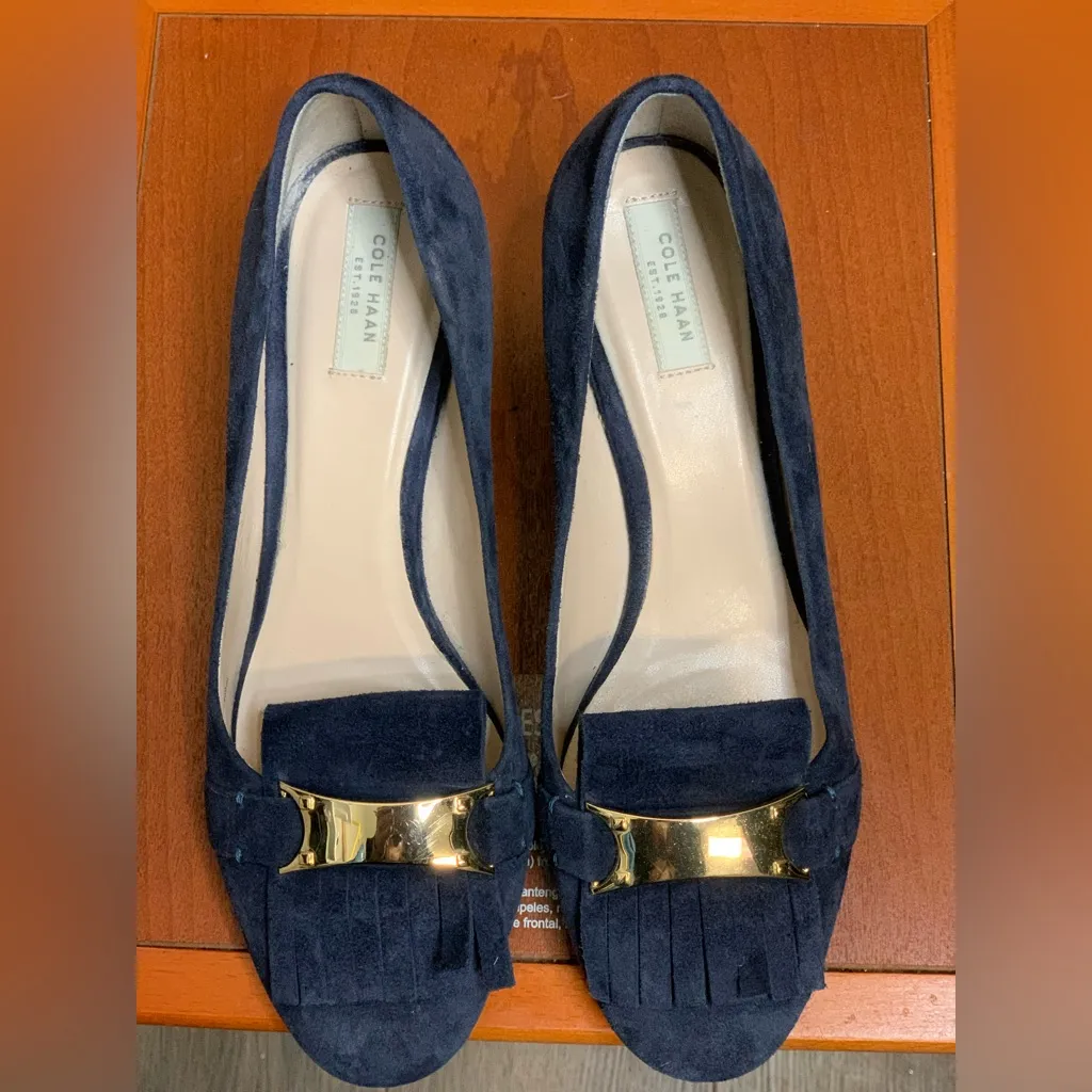 Cole Haan Elegant Navy Tasseled with Gold Accent Heels.        Size-6B - Image 2