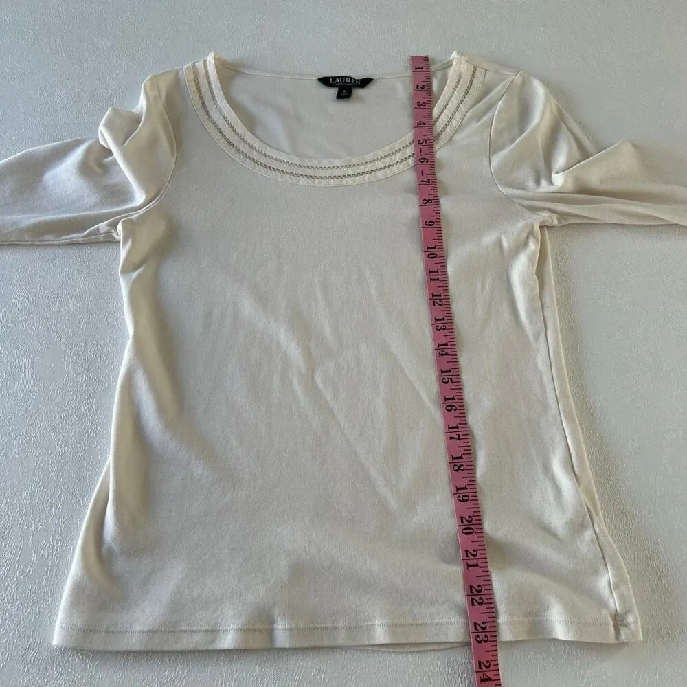 Lauren Ralph Lauren Cream Embellished Scoop Neck Top | 3/4 Sleeve | Size Medium - Image 7