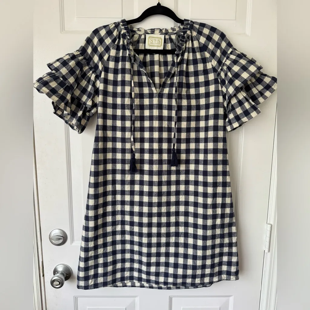 Sail to Sable Navy & White Gingham Flutter Sleeve with Tassel  Dress Size Small - Image 2