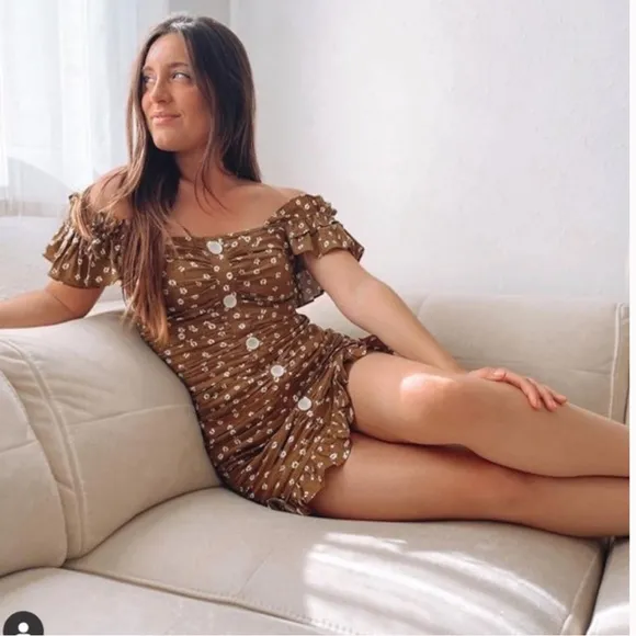 Zara Brown Floral Button Down Bodycon Mini Dress M - Image 5