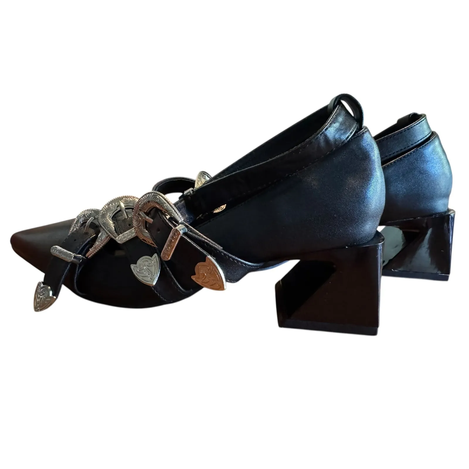 Guanghuiyuzu Black Pointed Toe Buckle Strappy Block Heels Women's Size 35 - Image 14