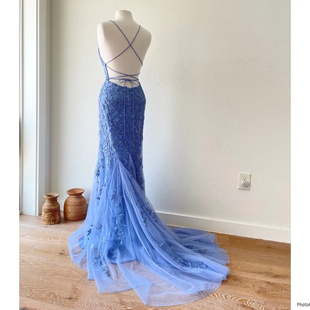 Sherri Hill Blue Lace Evening Gown Mermaid Medium Tail Prom Dress Party Size 6 - Image 3
