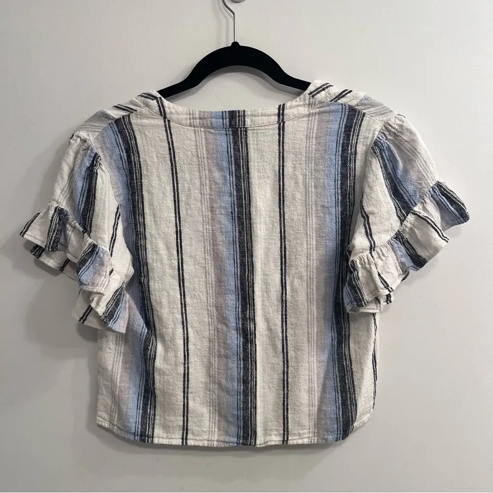 Drew Cropped Blue Stripe Linen Blend Shirt - Image 6