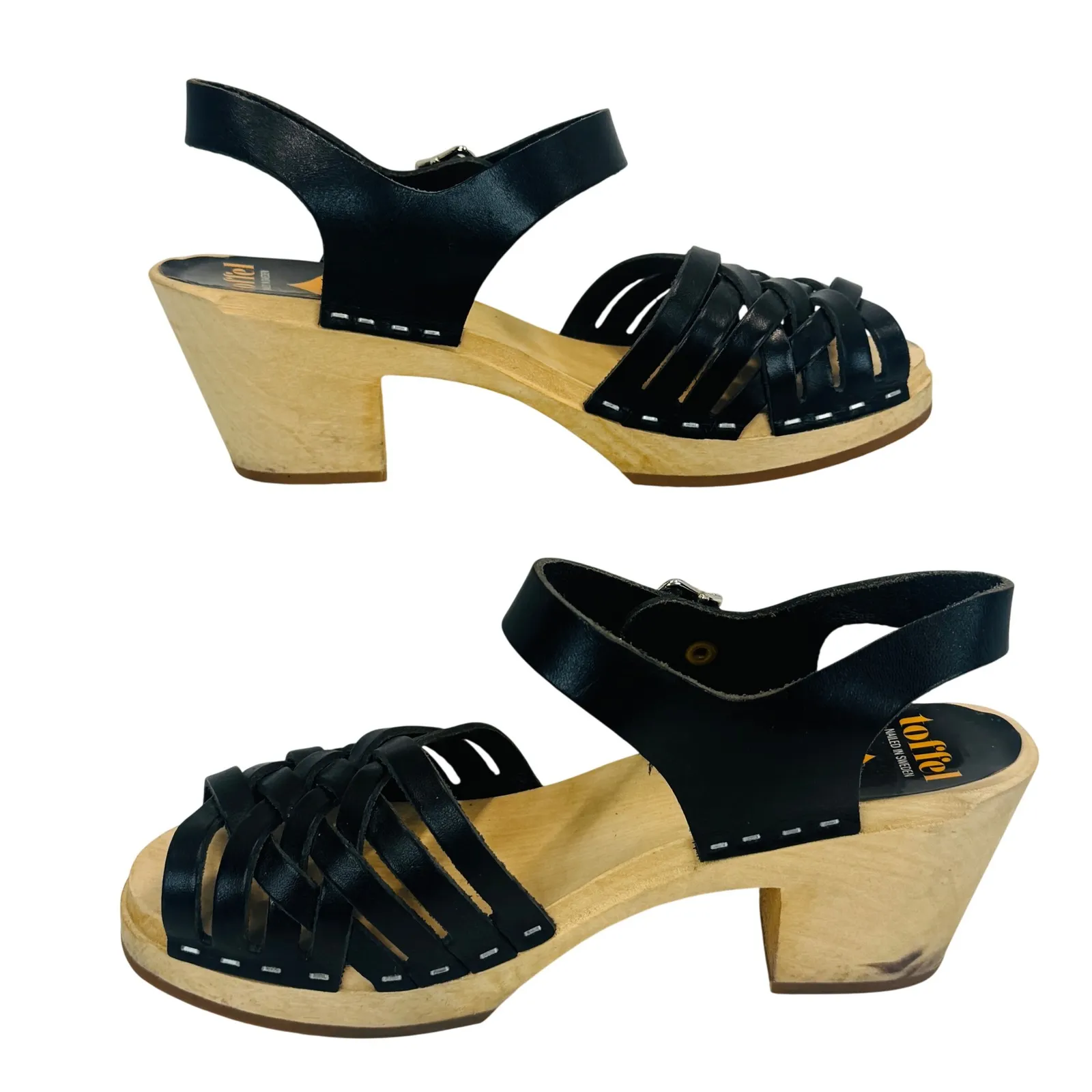Swedish Hasbeens Toffel Black Leather Clog Sandals EU36 Wood Heel Sweden Size 5.5 - Image 3