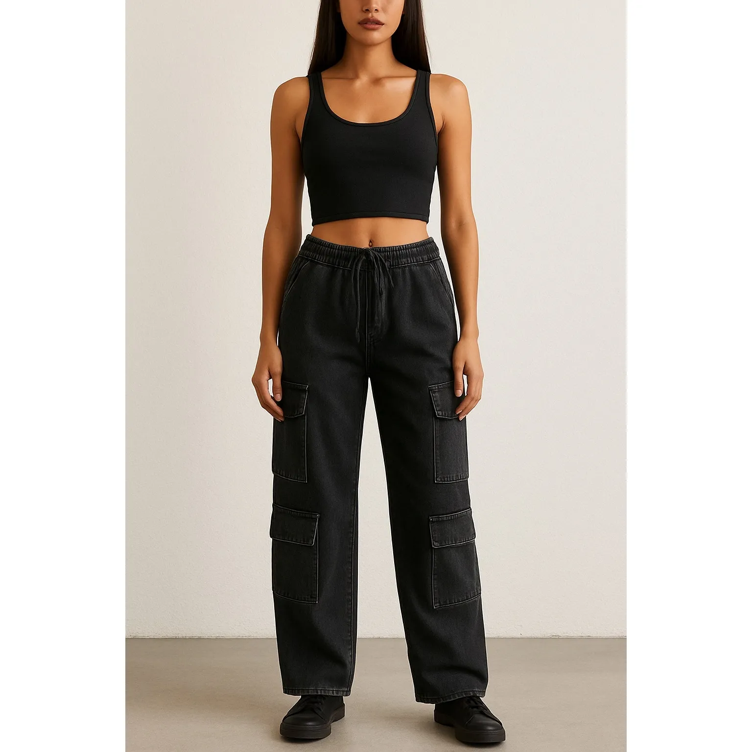 AMERICAN BAZI Black Washed Wide-Leg Cargo Style Drawstring Pants NWT size Small - Image 2