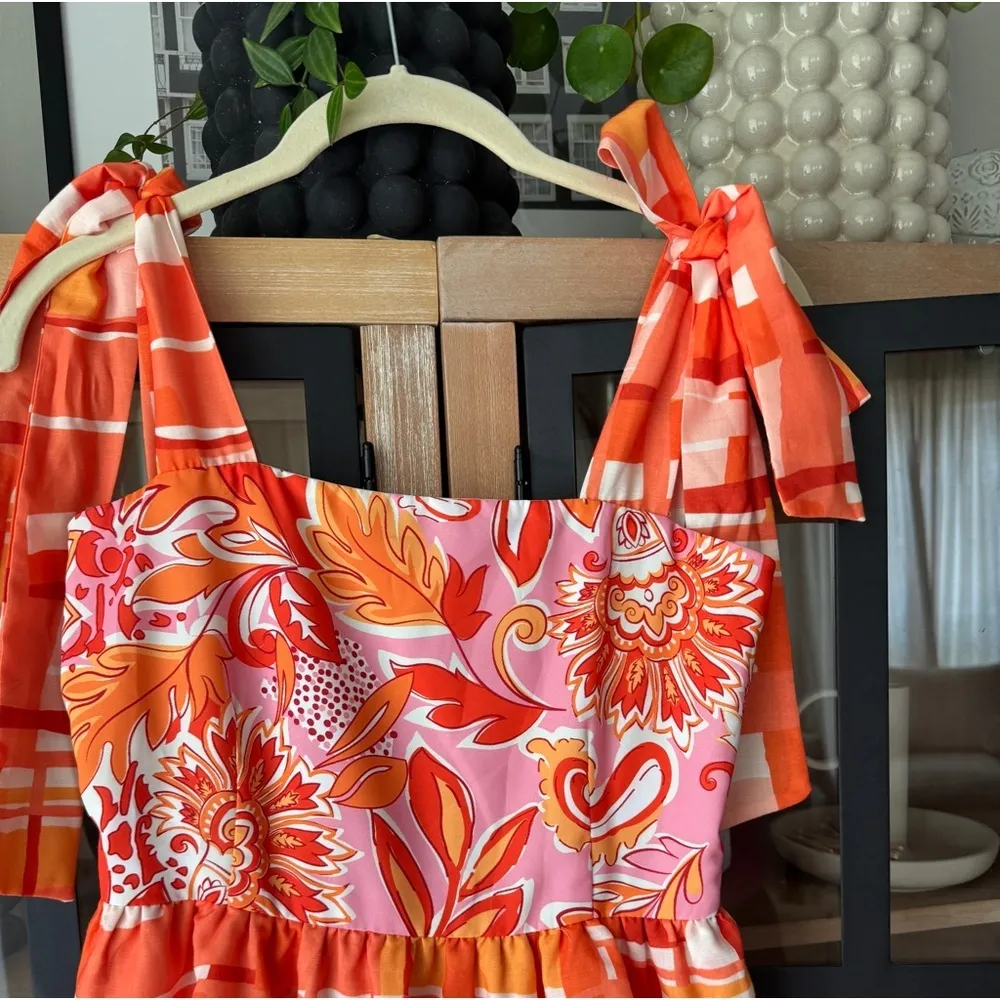 THML Floral midi maxi dress bows tie straps square neck smocked tiered ruffle - Image 8