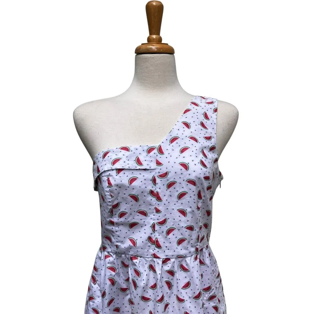 HD in Paris Anthropologie Watermelon Midi Dress Sz 8 White One Shoulder Fruit - Image 2