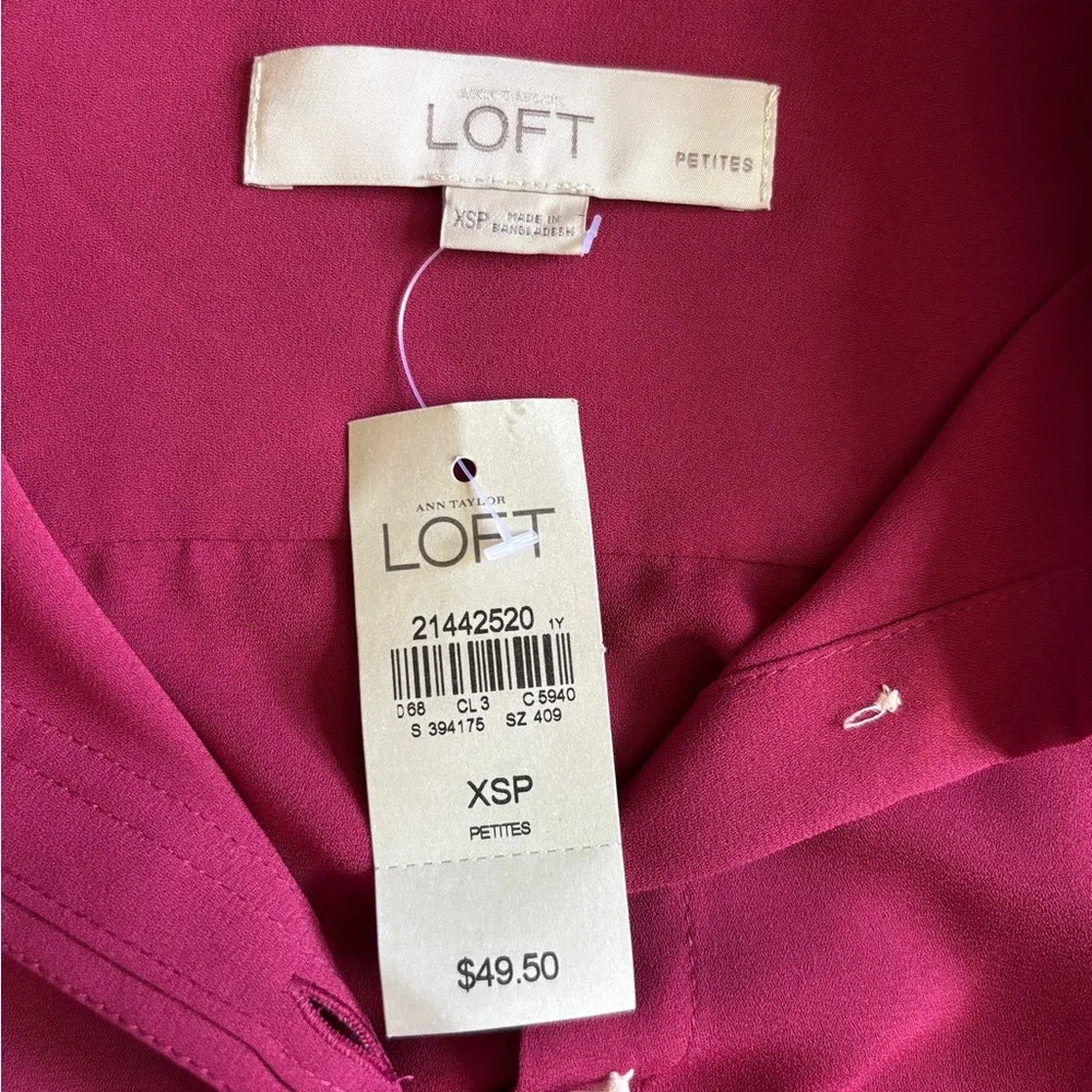 NWT LOFT Maroon Long Sleeve Button Down Collared Blouse Size XS - Image 3