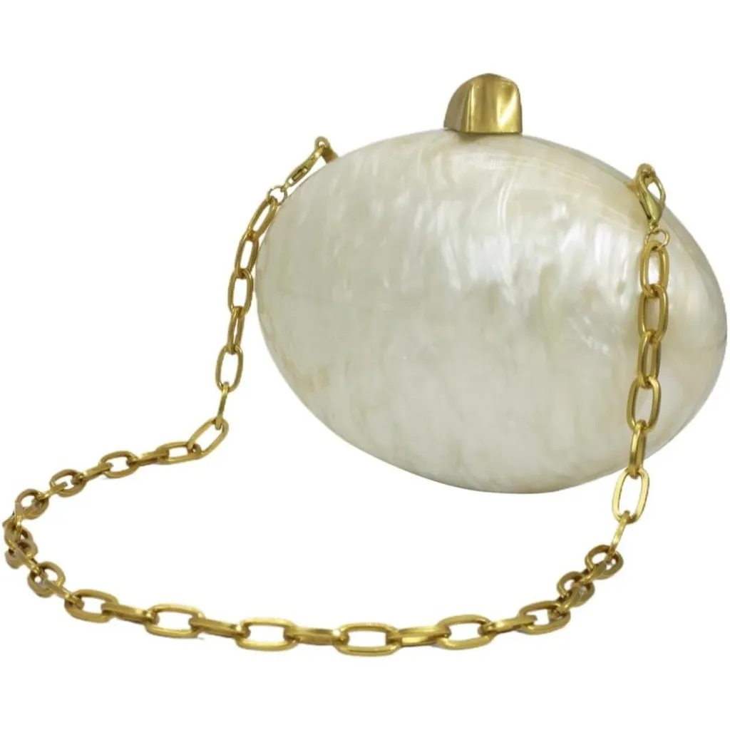 ⚡Women's Tan Shell Egg Metallic Evening Shiny Top Closure Trendy Clutch Handbags - Image 4