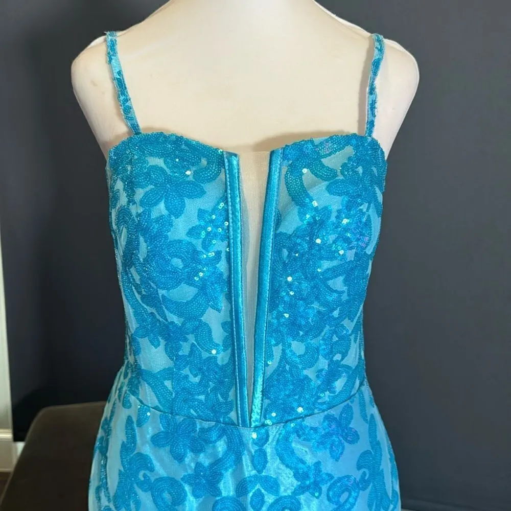 Women’s Blue Mermaid Fit Prom Party Formal Dress Sparkly Sequins Leg Slit Size 6 - Image 2
