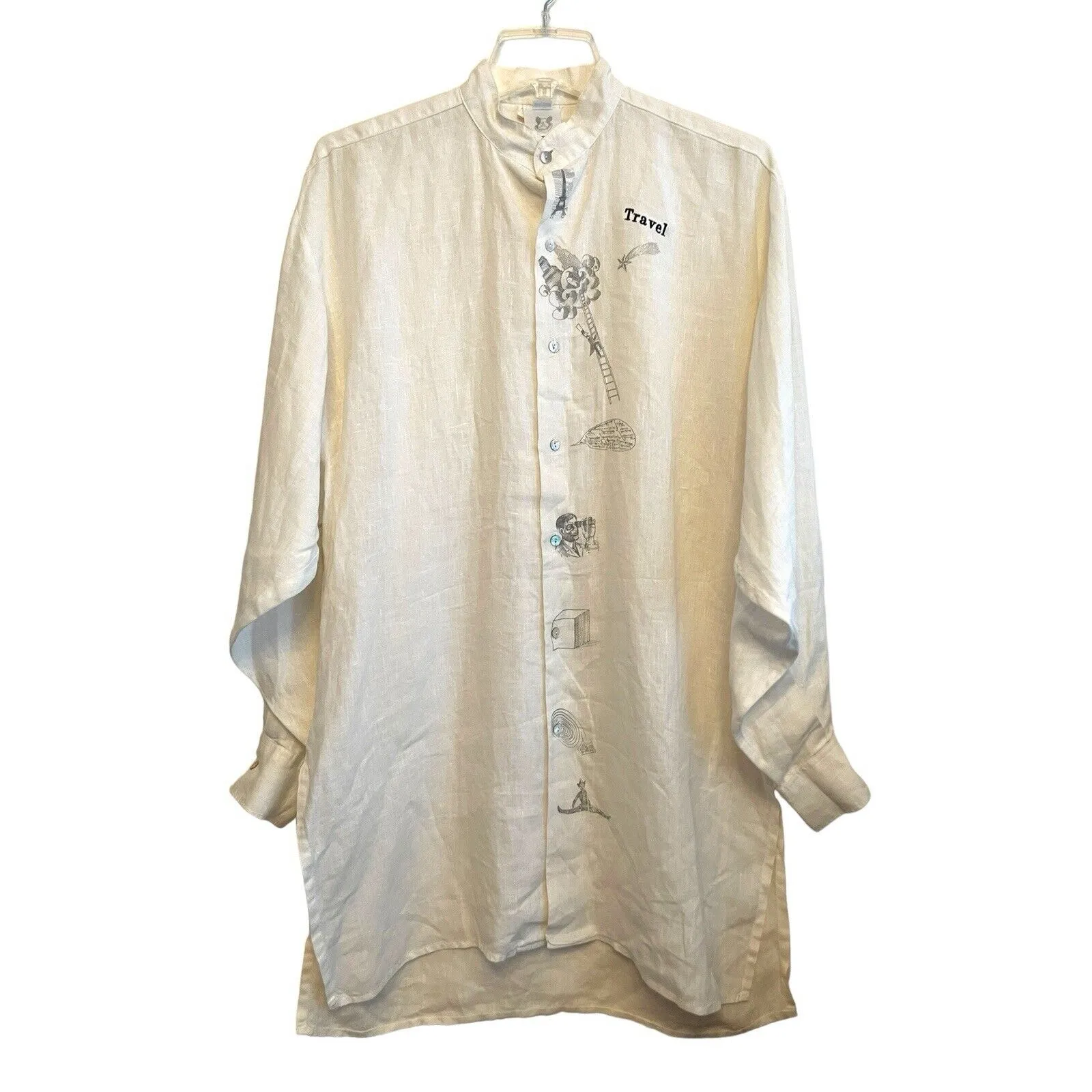 Vintage 1990s Hey Max! Linen Tunic Button Up Shirt‎ Women Size Small Art To Wear White - Image 2