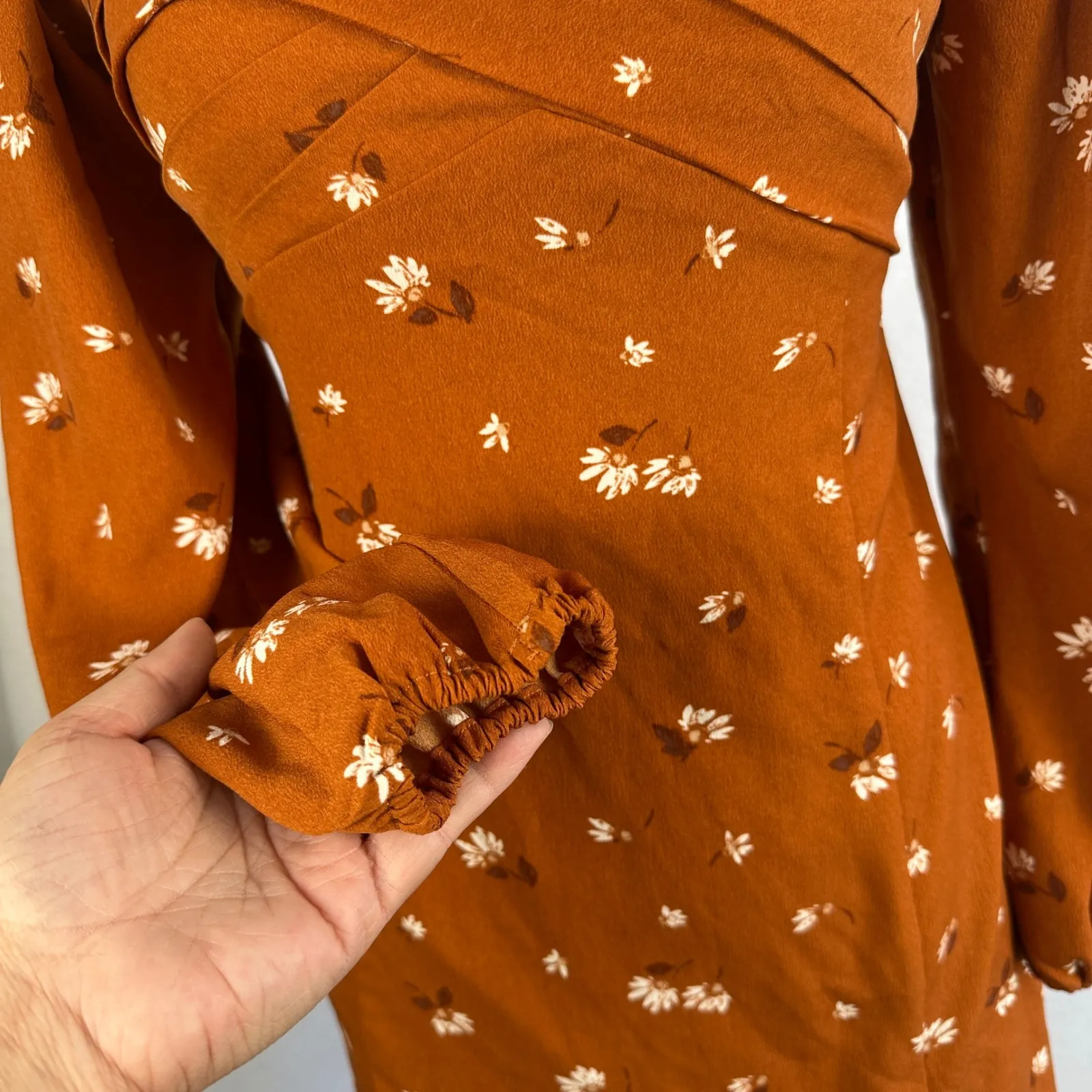 Abercrombie Fitch Rust Brown Floral Sweetheart Neck Puff Sleeve MiniDress Small - Image 6