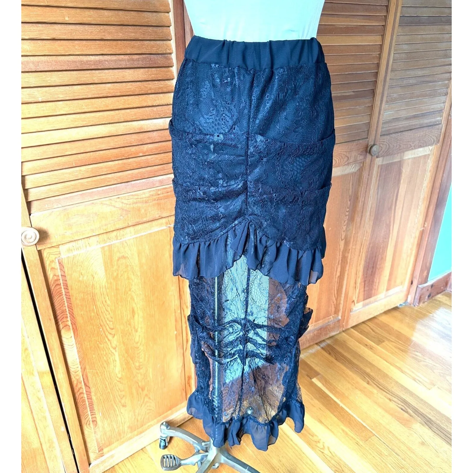 Gothic Lolita Steampunk Victorian Cabaret Black Lace Coffin High Low Skirt M Size M - Image 7