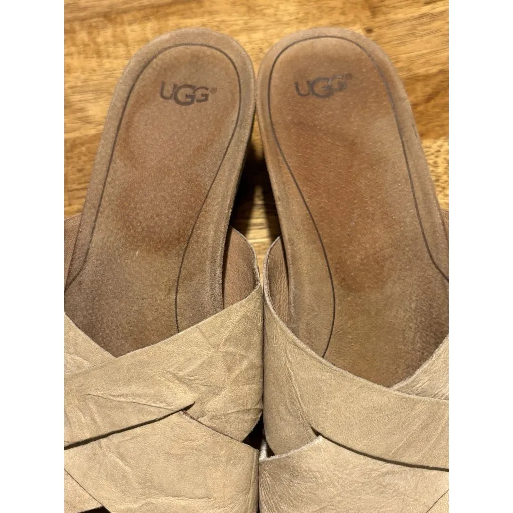 UGG Size 9 Lyra Beige Leather Cork Wedge Strappy Sandals - Image 6