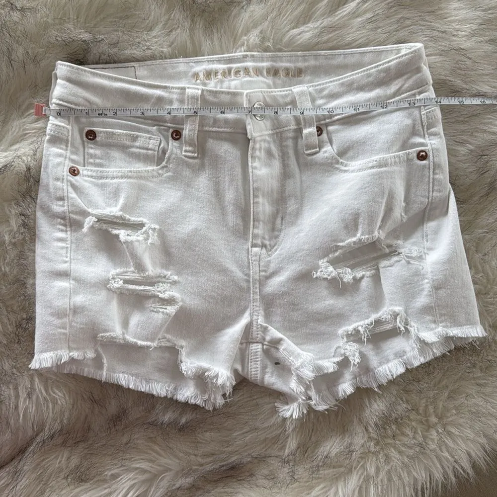 American Eagle AEO White Distressed High Rise Denim Shortie Shorts - Image 3
