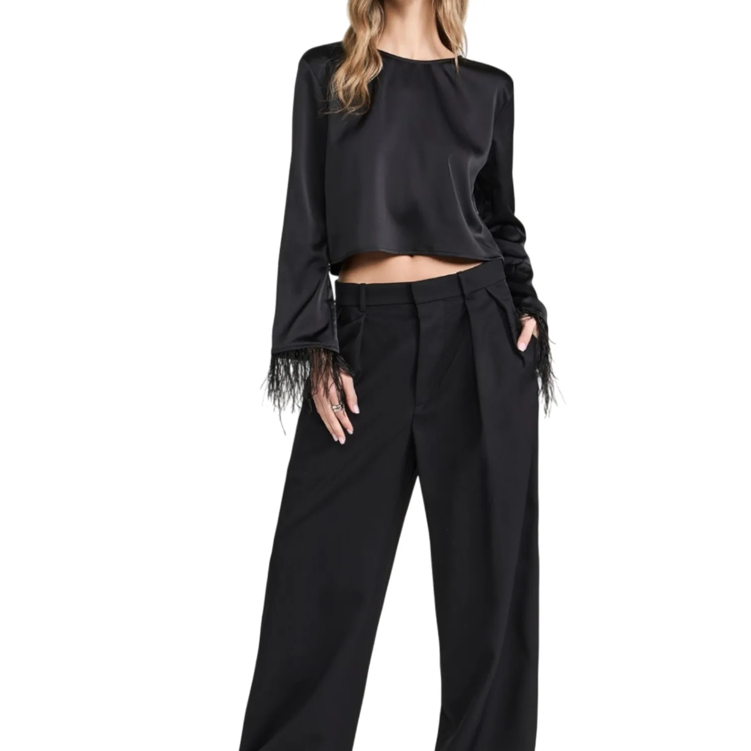 WAYF Black Satin Feather Trim Long Sleeve Crop Top Women's Size S NWT Shopbop - Image 2