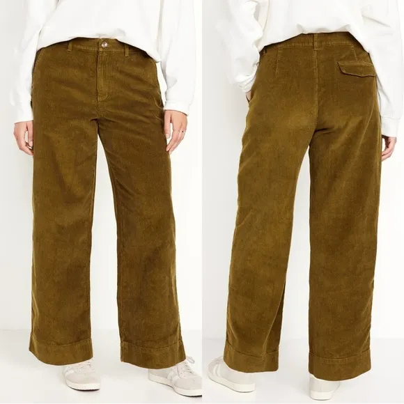 Old Navy Women’s Corduroy High Rise Wide Leg Trouser Pants Boho Satin Moss 10P - Image 2