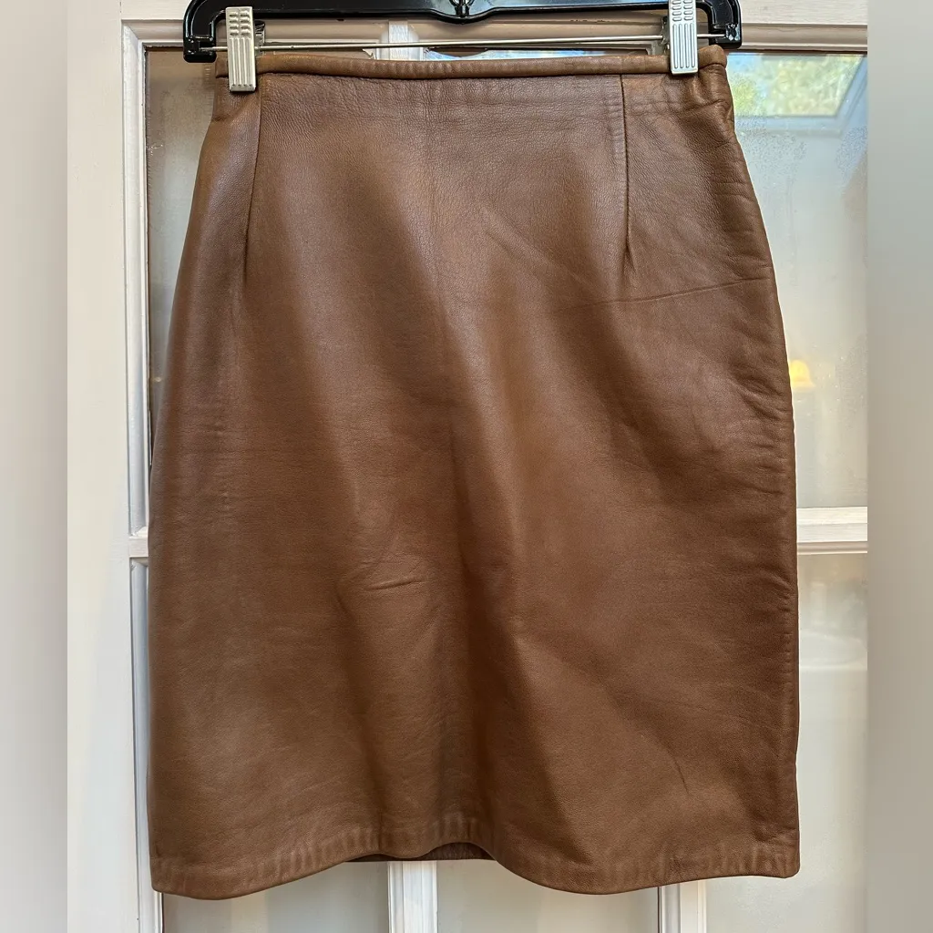 Vintage Firenze Santa Barbara 80’s Chic Tan Genuine Leather Skirt Women’s Size 4 Brown - Image 12