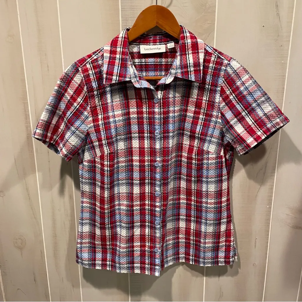 Cute vintage 90s plaid seersucker breezy short sleeve blouse beach coastal USA - Image 7