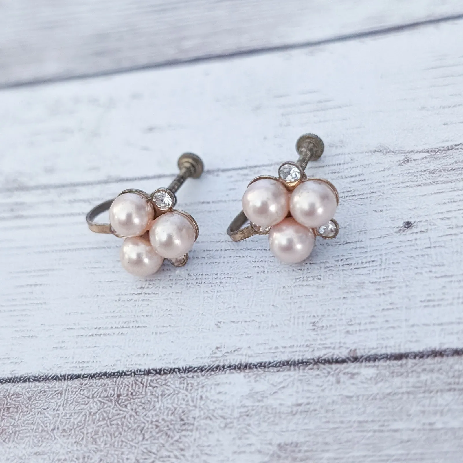 Vintage Screw Back Earrings Dainty Faux Pearl & Clear Gem Trio 0.5" - Image 3