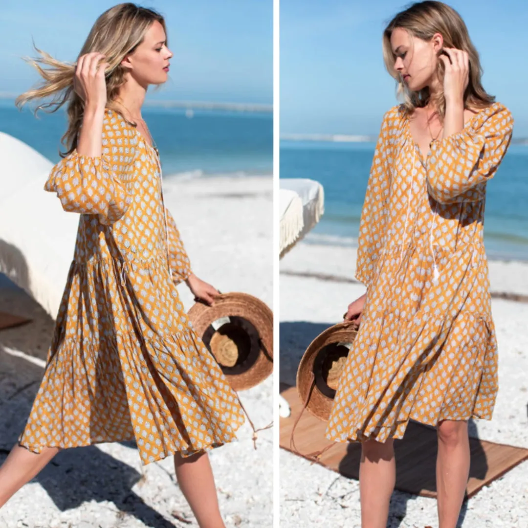 Emerson Fry Dress‎ Clemence Block Print Organic Cotton Belted Mini Dress Size XS Yellow - Image 2