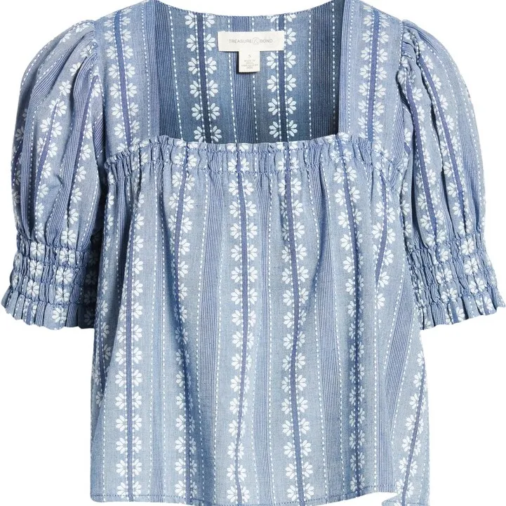 Treasure & Bond Blue Smocked Crop Blouse - Image 3