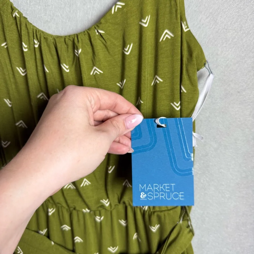 Market & Spruce Womens Olive Green Jumpsuit Wide Leg Waist Tie Geometric Print S - Image 5