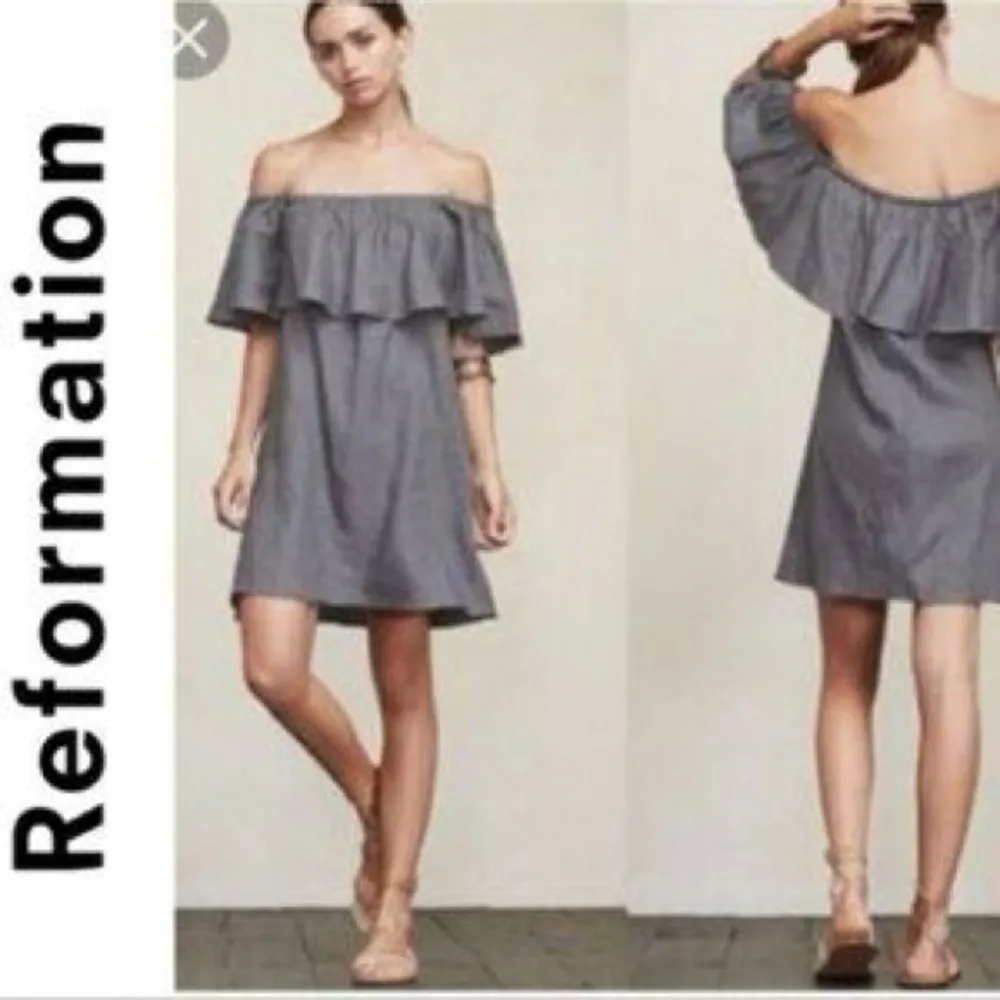Reformation Smokey Denim Blue Gray Off The Shoulder Square Neck Dress Size XS - Image 8