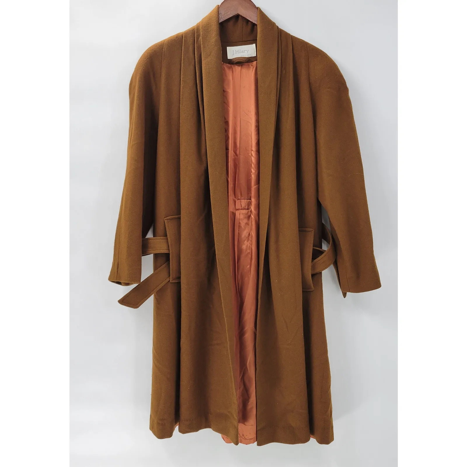 Vintage J. Hilary Wool Coat Womens 4 Belted Camel Brown Long Trench Made in USA - Image 11