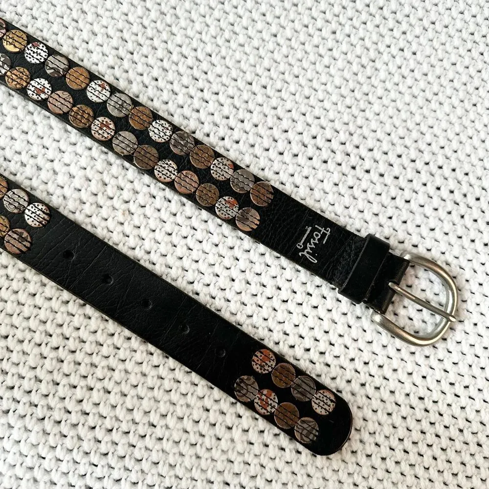 Fossil Vintage Black Leather Bronze Metallic Medallion Matte Geometric Belt M/L - Image 2