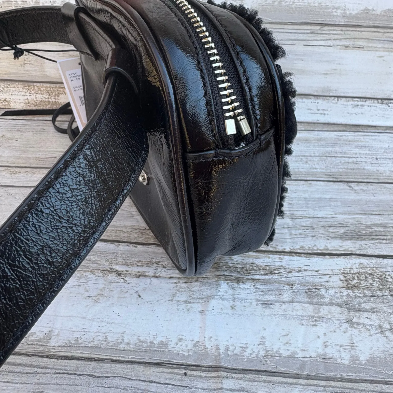 Rebecca Minkoff Blythe Belt Bag Purse Black Patent Leather Shearling NEW - Image 8