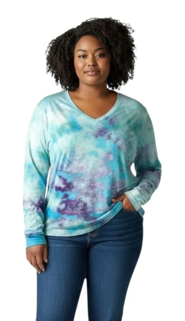 Terra & Sky Plus Size 2X Top Handmade Tie Dye Long Sleeve Blue Purple Boho 473 - Image 1