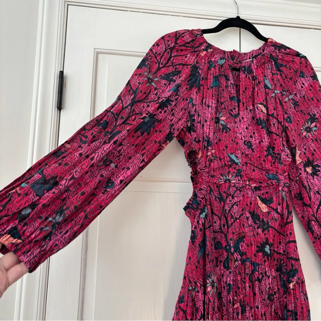 Ulla Johnson Helia Ruched Print Cotton Midi Dress Pink Snapdragon Size 2 Cut Out - Image 11