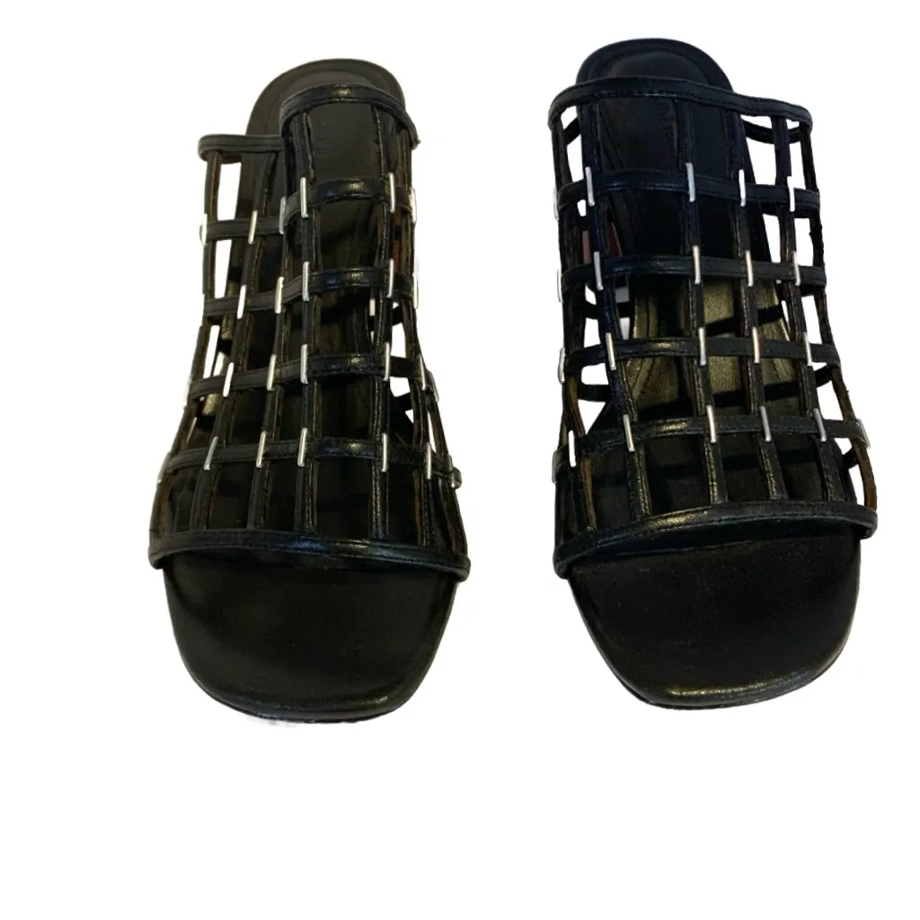 SIGERSON MORRISON BLACK LEATHER "DAINA" CAGED SLIDE BLOCK HEEL SHOES (36.5) Size 6.5 - Image 4