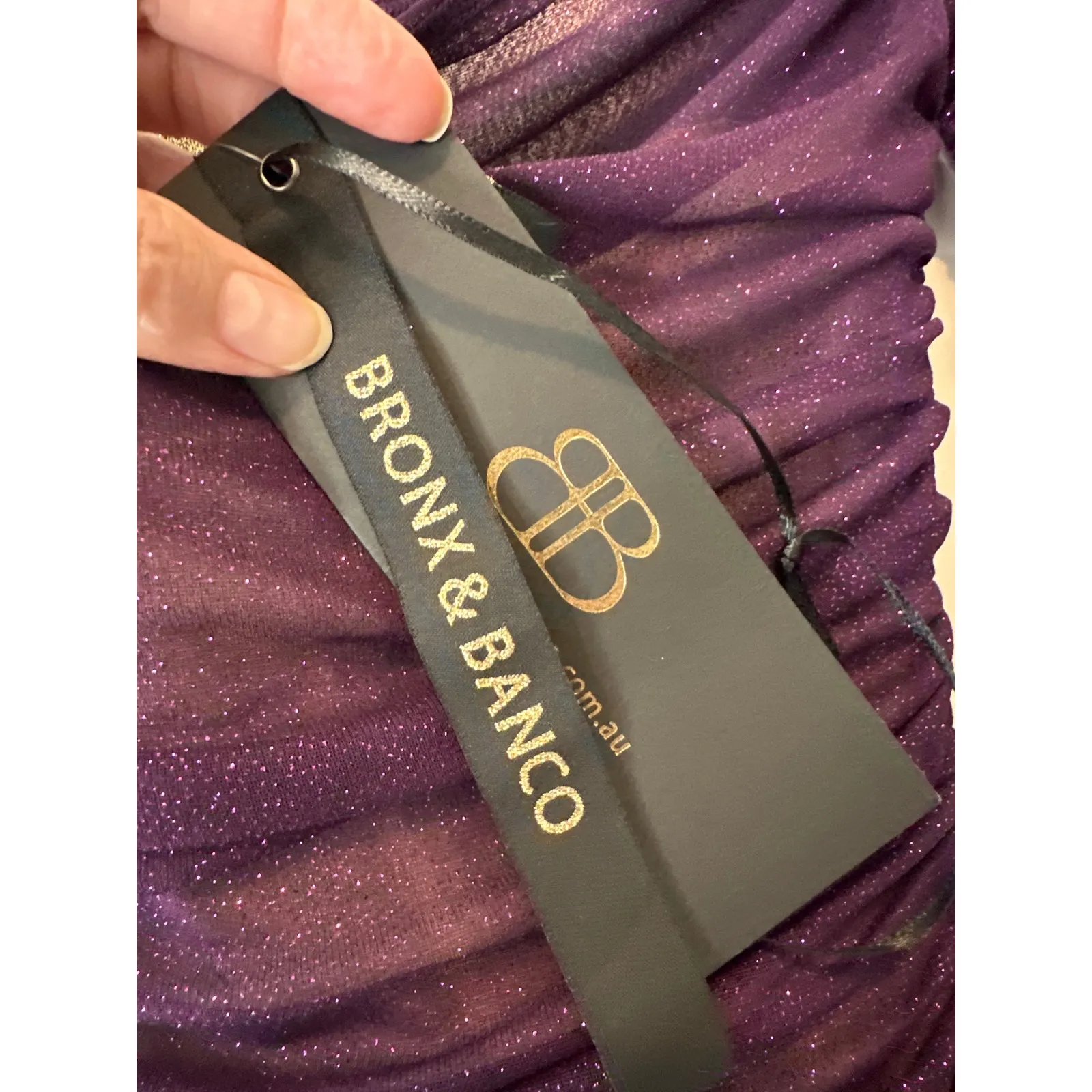 Bronx & Banco Maya Burgundy Sparkle Off Shoulder Midi Dress XS NWT Cocktail Purple - Image 11