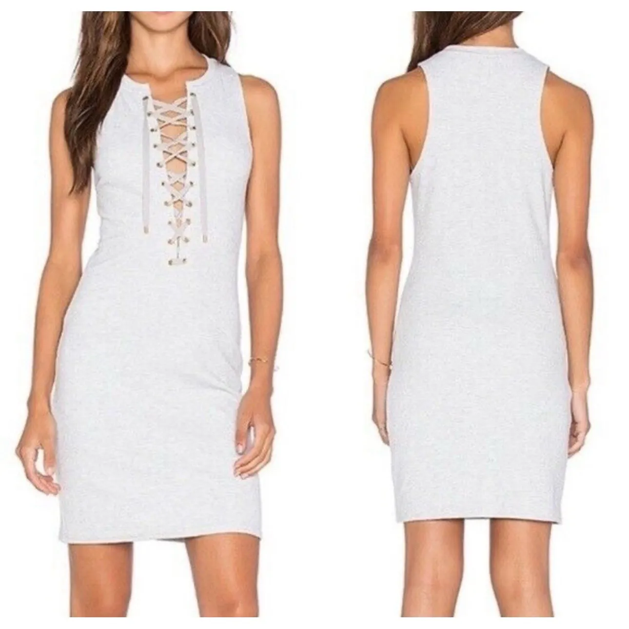 Derek‎ Lam 10 Crosby Lace Up Tank Dress Womens Size XS Grey Melange Ribbed Knit - Image 3
