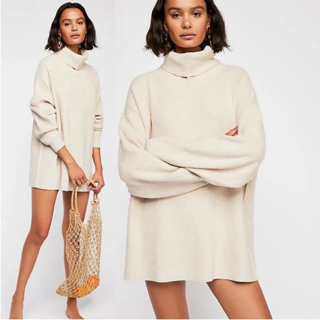 Free People Softly Structured Turtleneck Ribbed Knit Oversized Sweater Oatmeal - Image 2