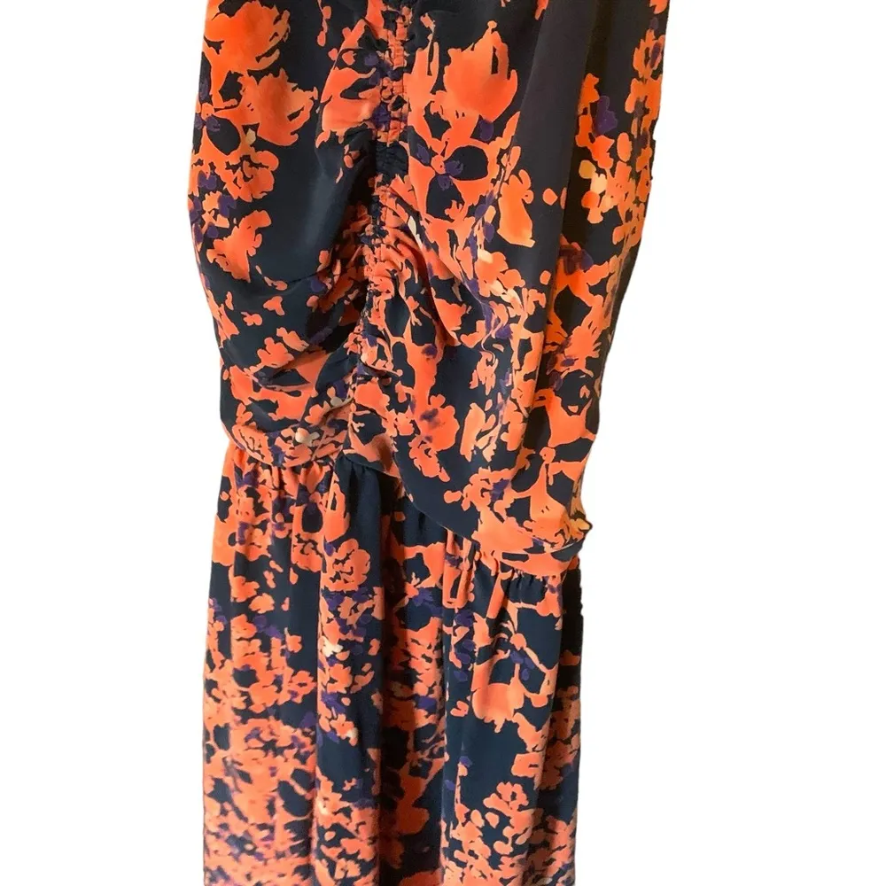 Parker 100% silk Floral Printed Navy Orange Purple ruched flare mini dress - Image 5