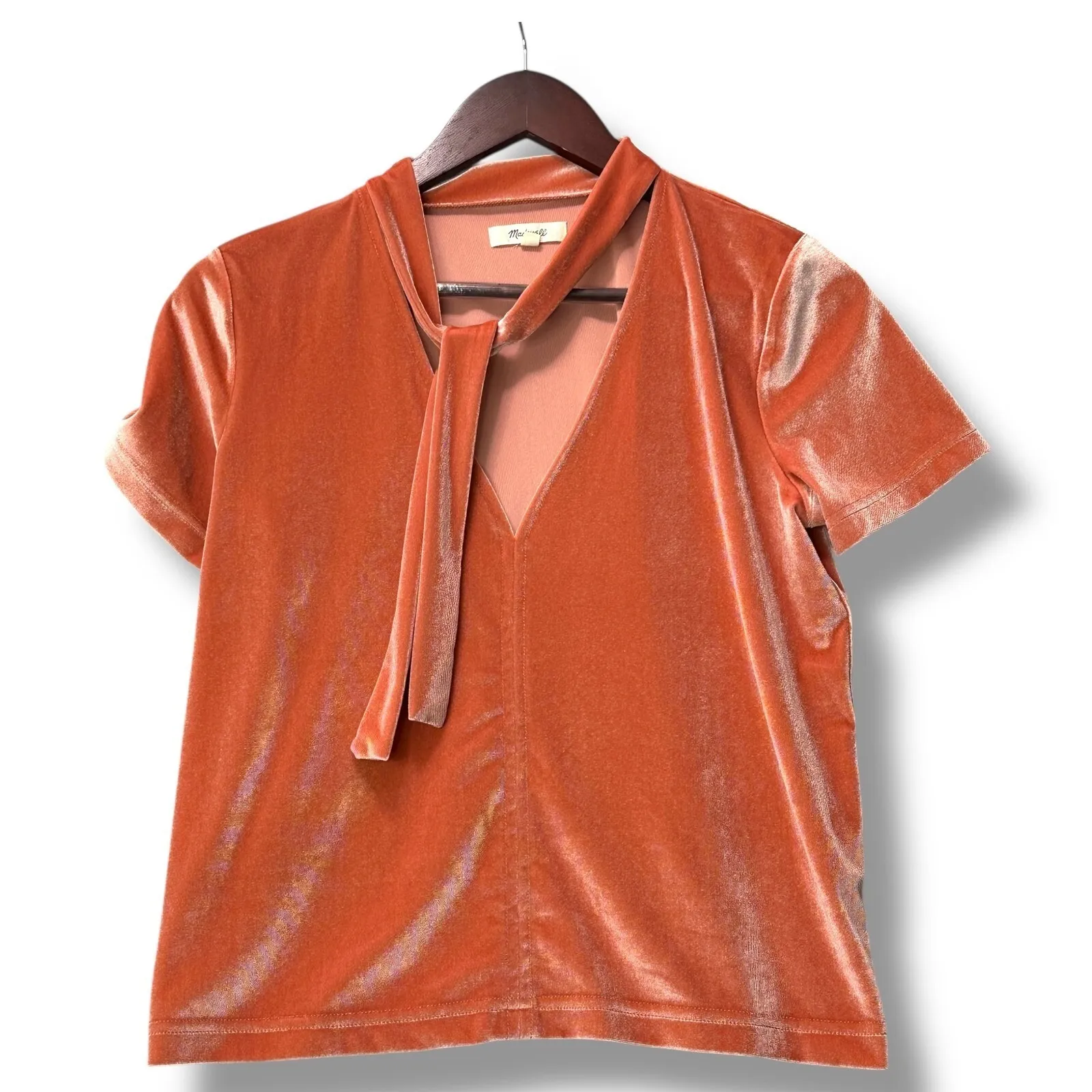 Madewell Velvet Tie Neck Blouse Small Orange Short Sleeve Retro Fall Top‎ - Image 2