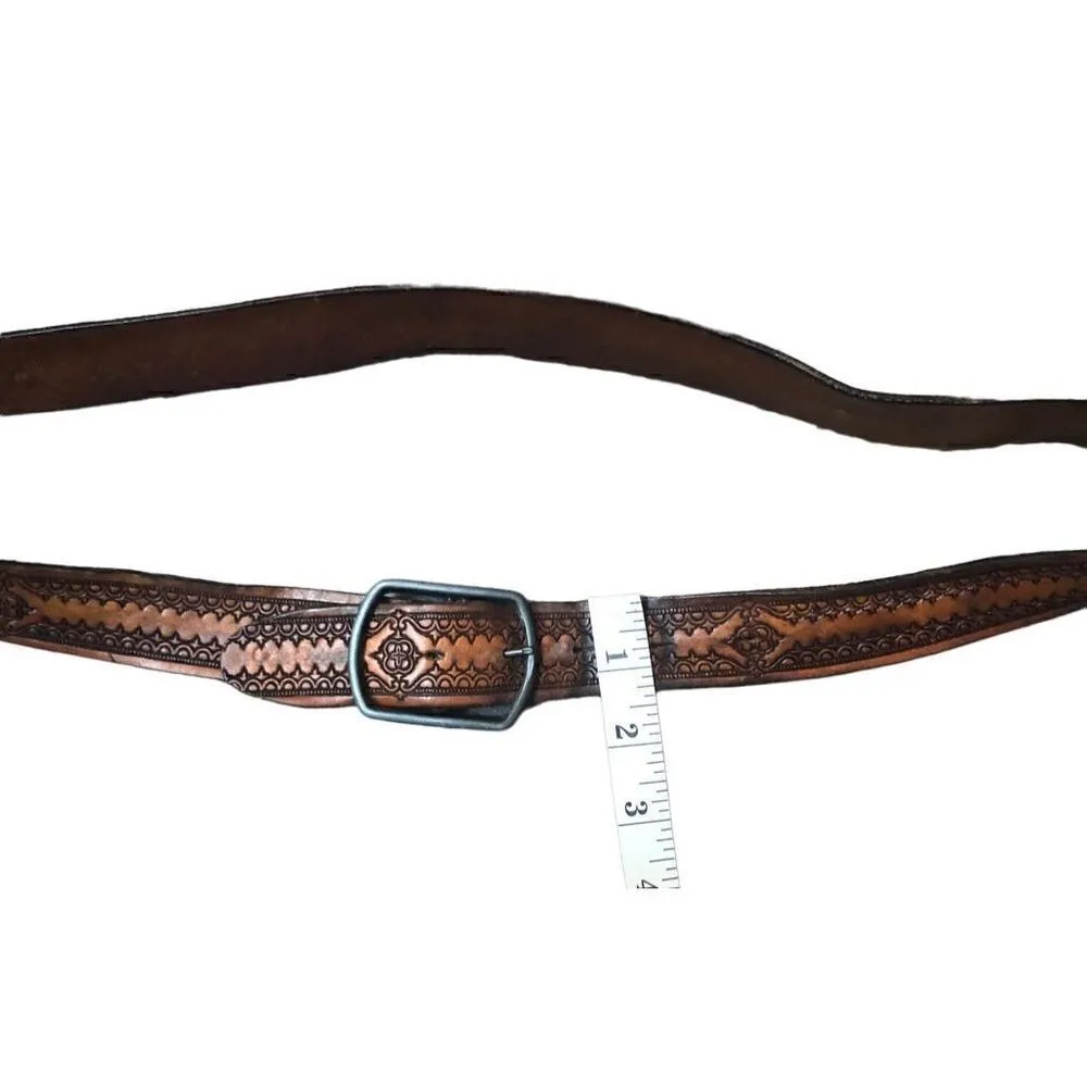 Vintage top grain tooled leather made in USA with silver buckle Size 36 Brown Size L - Image 8