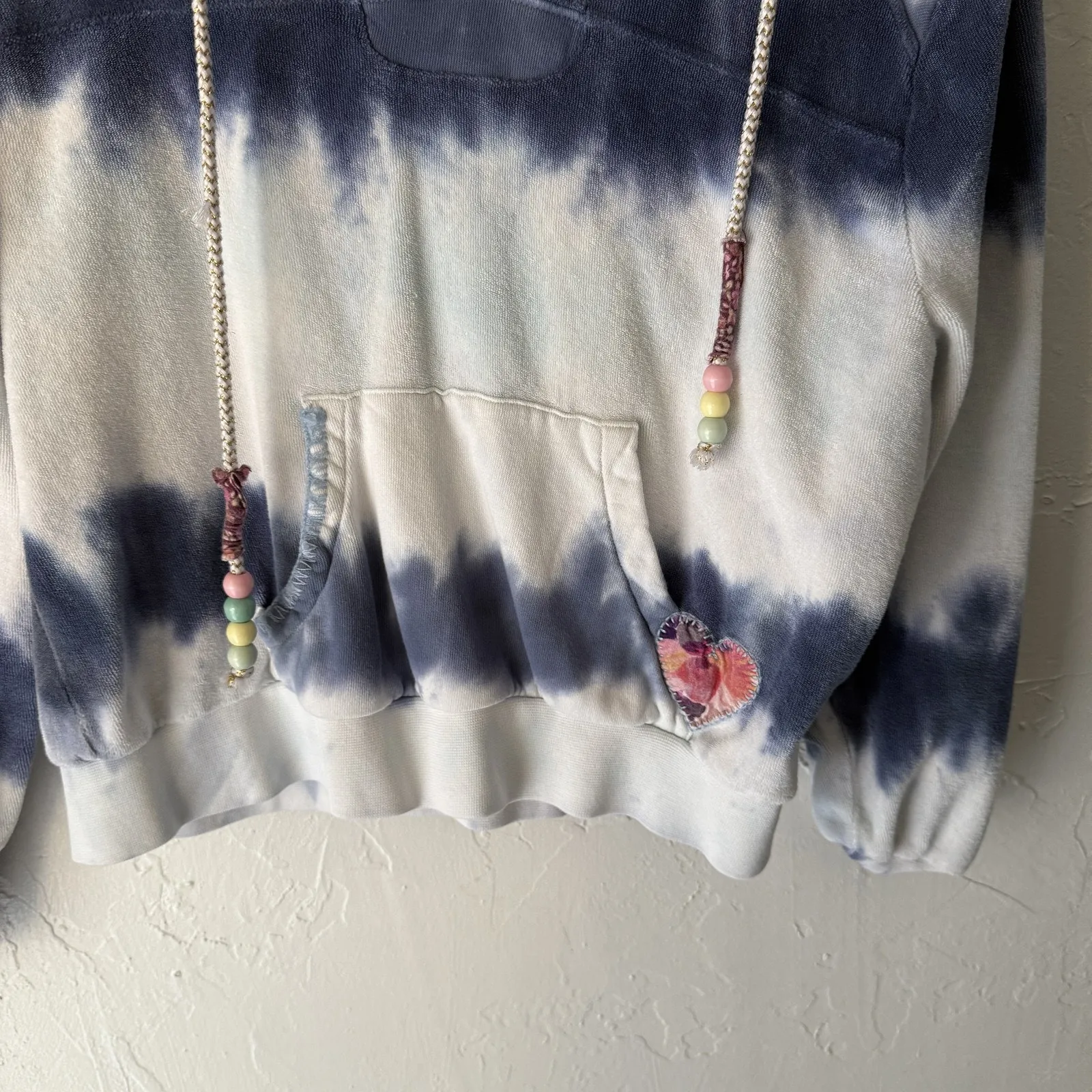 LoveShackFancy Hoodie  XS Tie Dye Pullover Patch Pocket Beaded‎ Trim Sweater - Image 3