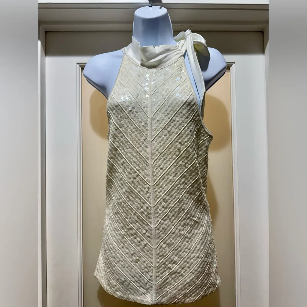 White House Black Market Sequin Halter Top Cream Size S - Image 2