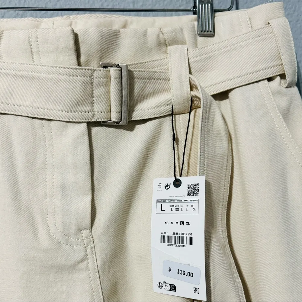 Zara Women Oyster White Bloggers Fav High-Rise Belted Cotton Loose Pants Sz L‎ - Image 7