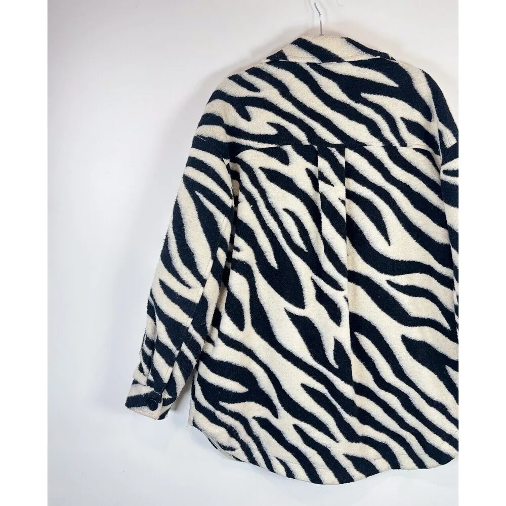 Line Dot Womens Jacket Black Zebra Shacket Wool Blend Fleece Long Sleeve Medium - Image 9
