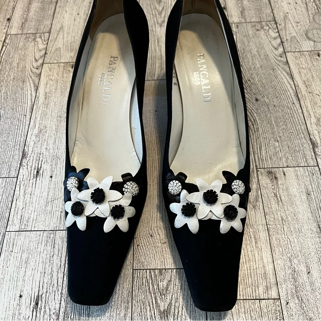 VTG Pancaldi 1888 Black Silk Floral Appliqué Heels Size 7.5 AA Coquette Y2K - Image 11