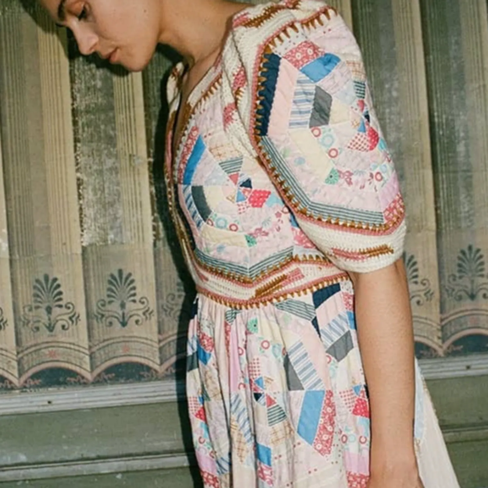 Sea New York Quin Mini Dress patchwork knit quilted BoHo size extra small XS Tan - Image 5