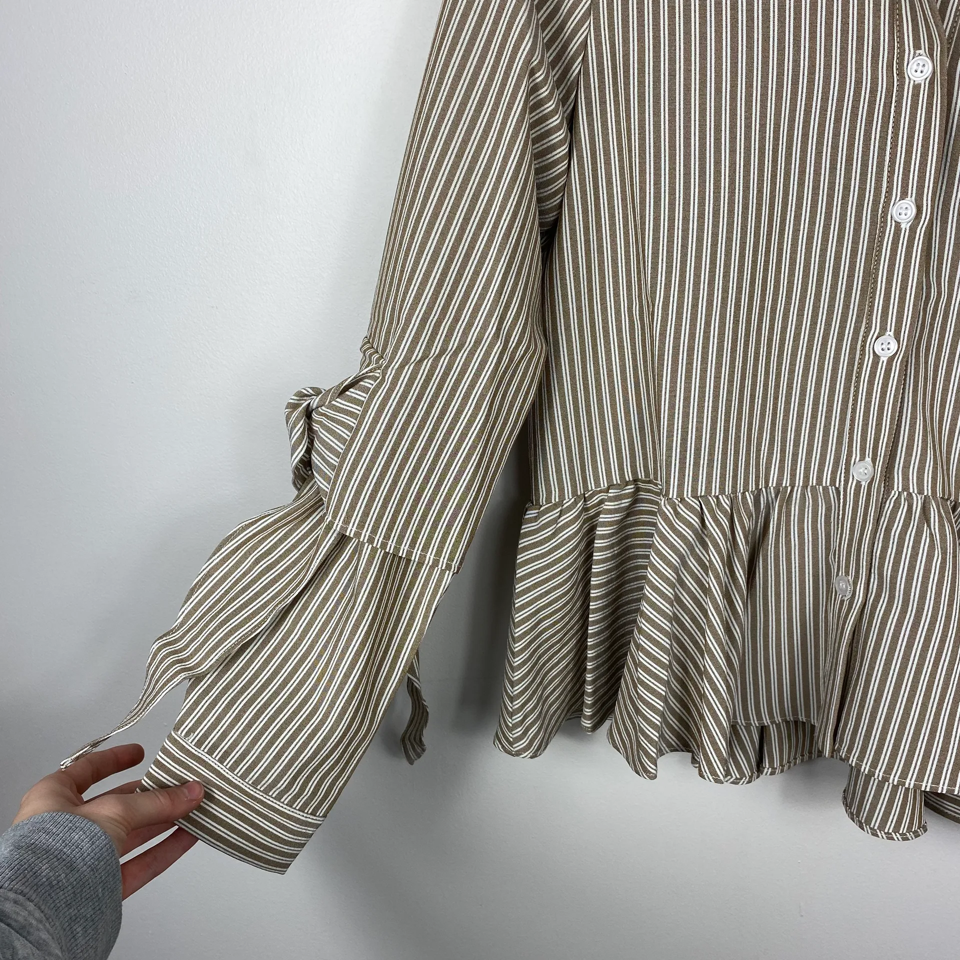 Gracia Brown and White Striped Peplum Button-Up Blouse - Image 4