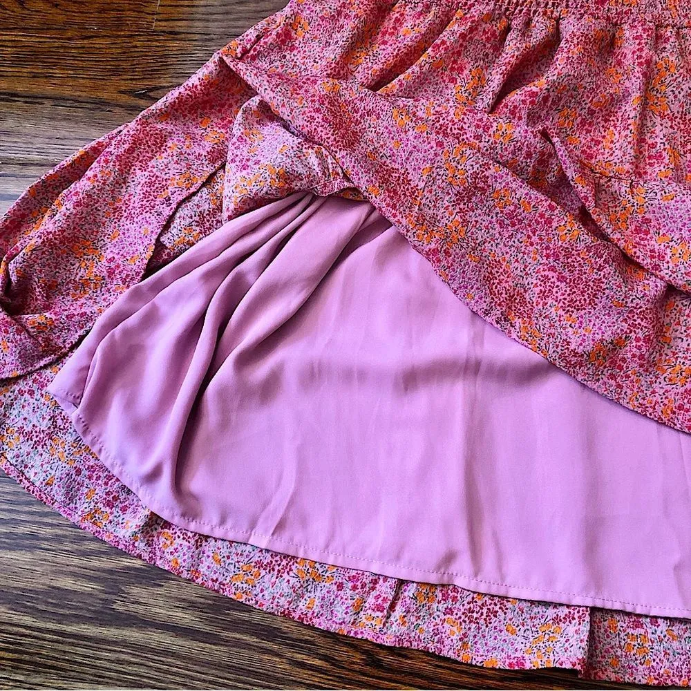 WILD FABLE Women’s Floral Pink Smocked Stretch Bodice Tiered Dress Sz Small - Image 5